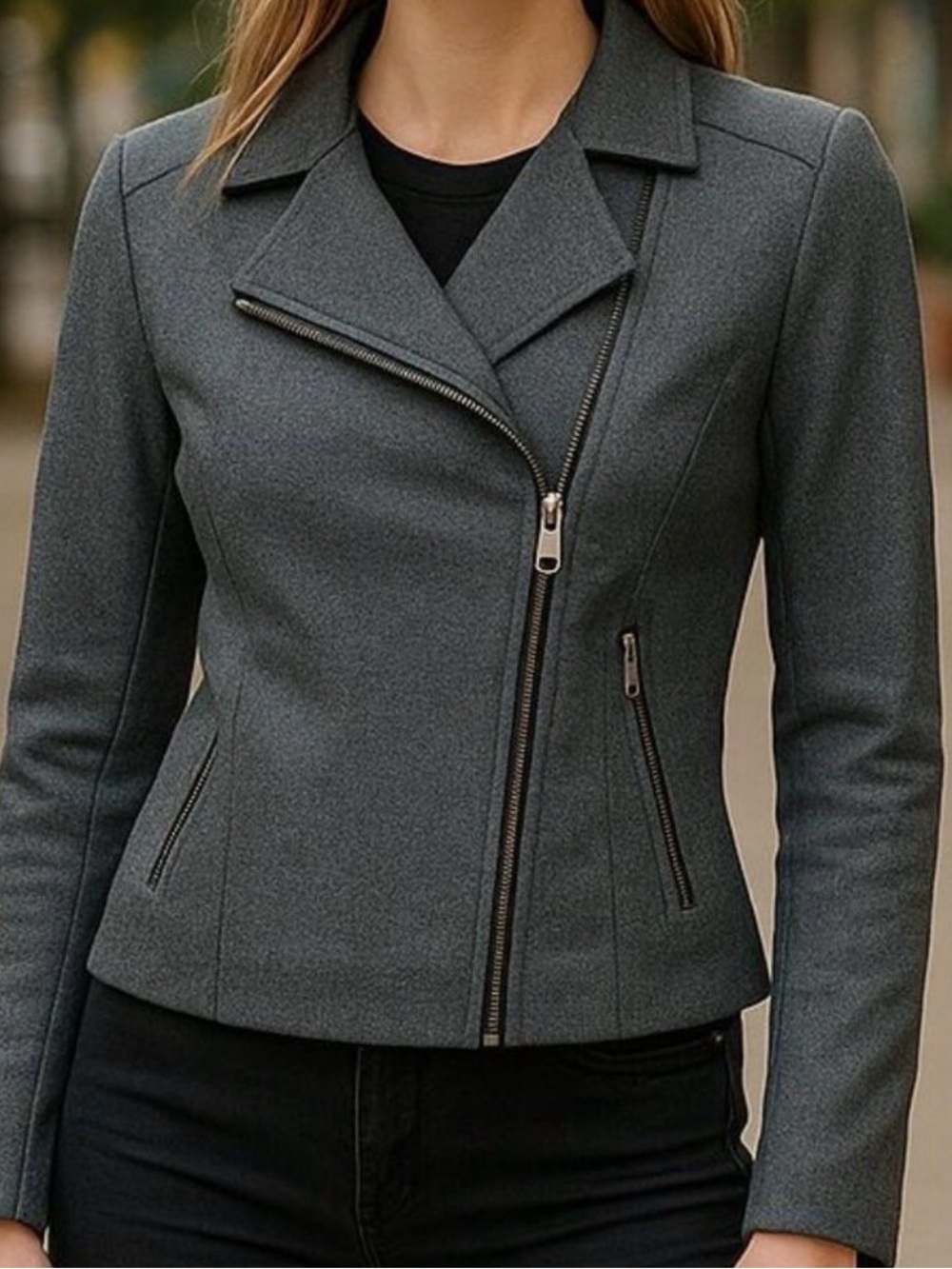 Catherine Malandrino "Runway Style" Asymmetric Zip Moto Jacket in charcoal gray